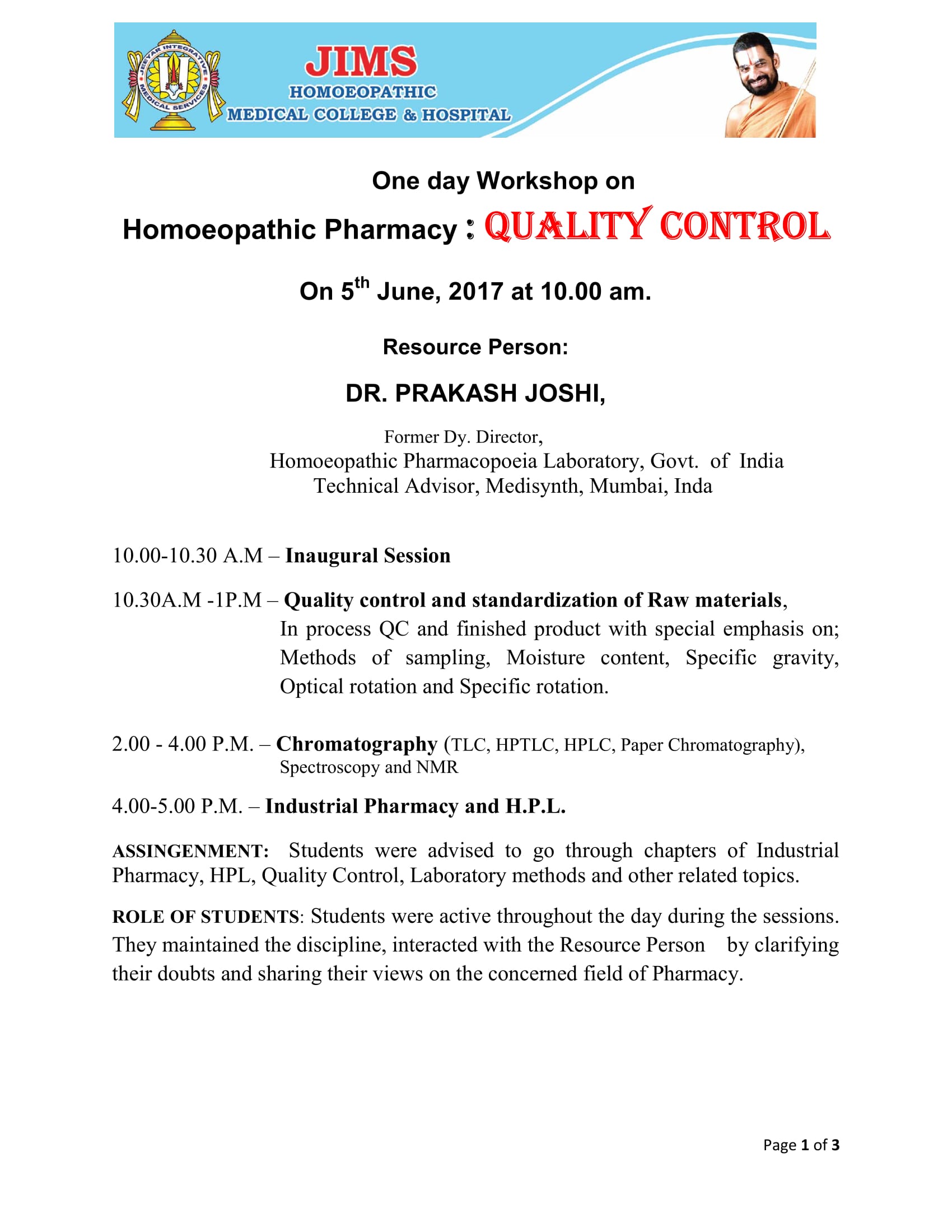 One day Workshop on Homoeopathic Pharmacy : Quality Control